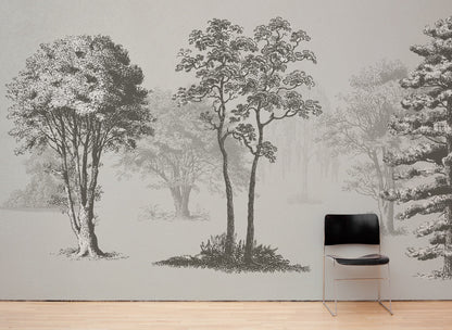 Vintage Forest Trees Wall Mural. Monochrome Abstract Sketched Art Design. Peel and Stick Wallpaper | Removable Wall Mural. #6329