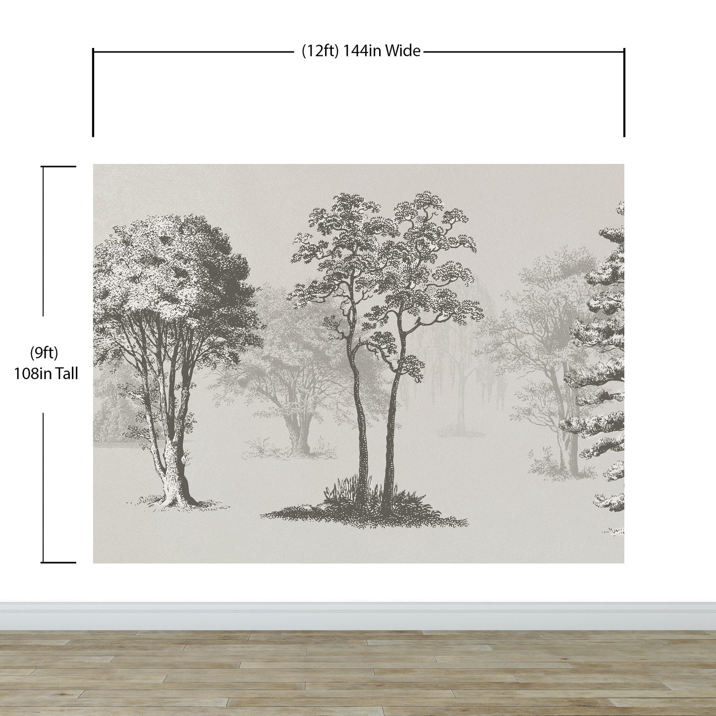 Vintage Forest Trees Wall Mural. Monochrome Abstract Sketched Art Design. Peel and Stick Wallpaper | Removable Wall Mural. #6329