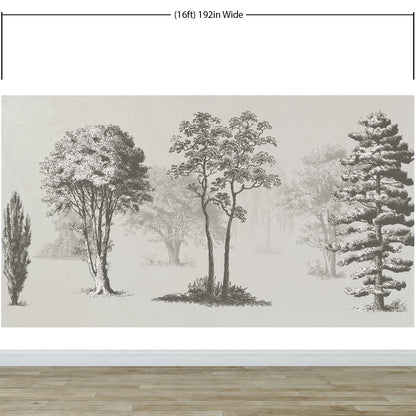 Vintage Forest Trees Wall Mural. Monochrome Abstract Sketched Art Design. Peel and Stick Wallpaper | Removable Wall Mural. #6329