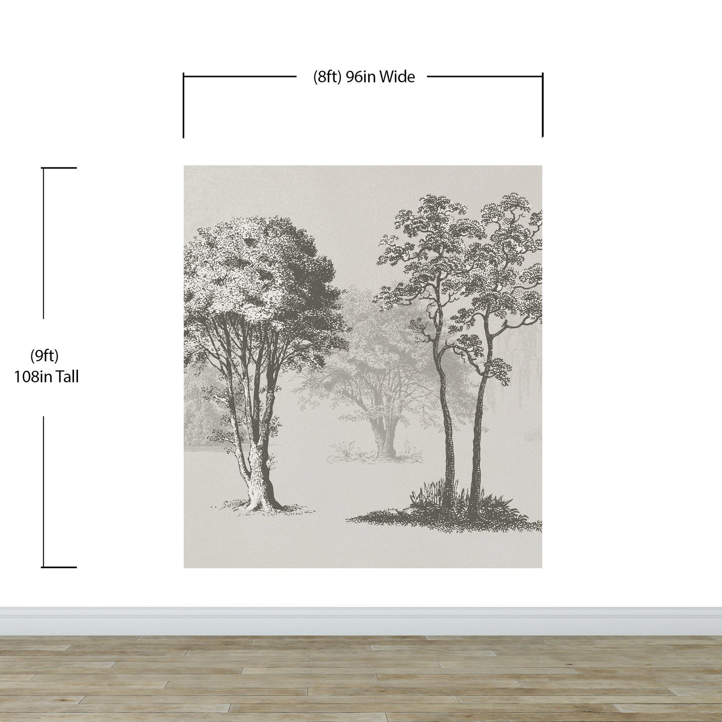 Vintage Forest Trees Wall Mural. Monochrome Abstract Sketched Art Design. Peel and Stick Wallpaper | Removable Wall Mural. #6329