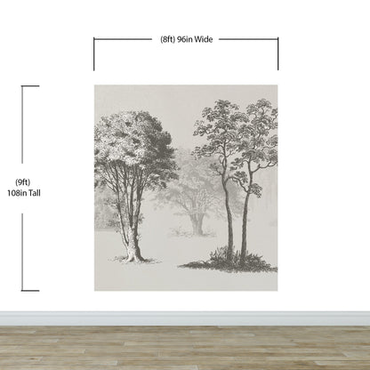 Vintage Forest Trees Wall Mural. Monochrome Abstract Sketched Art Design. Peel and Stick Wallpaper | Removable Wall Mural. #6329