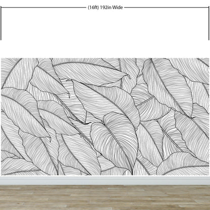 Banana Leaves Wallpaper, Palm Leaves Line Art Pattern Peel and Stick Wall  Mural.