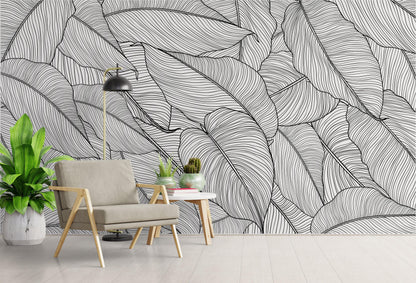 Banana Leaves Wallpaper, Palm Leaves Line Art Pattern Peel and Stick Wall Mural. #6330