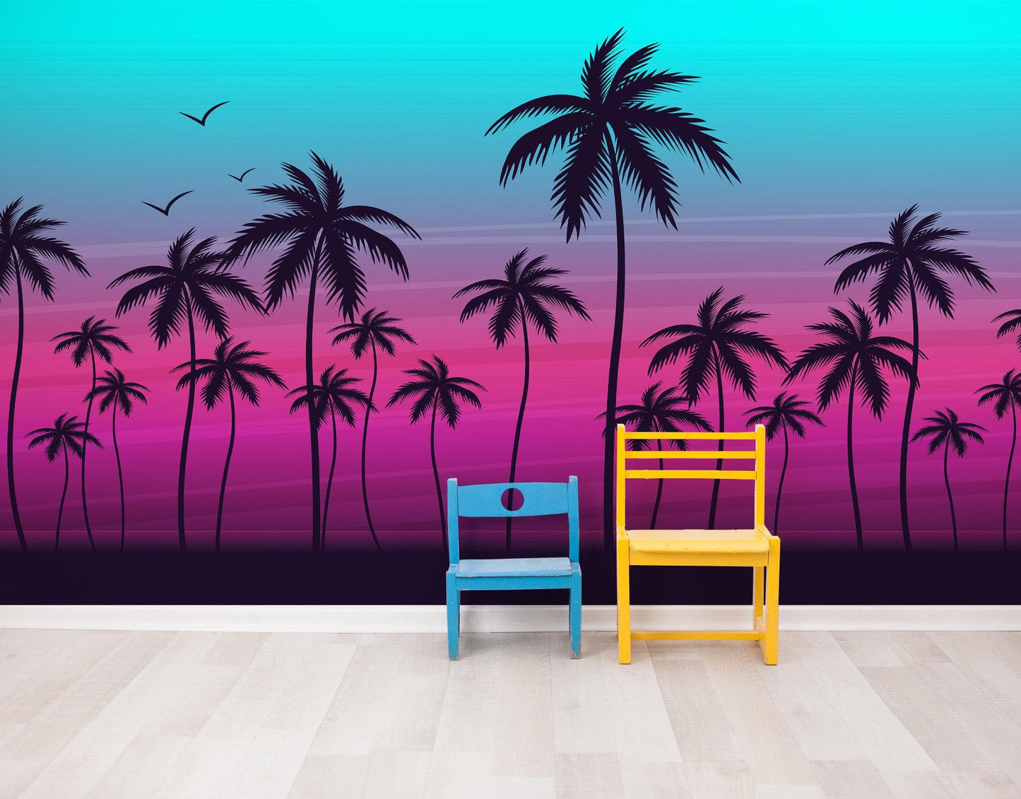 Miami Tropical Palm Tree Illustration Vice Color Sunset Wall Mural. Bright Miami Vice Blue and Fuchsia Colors. #6331