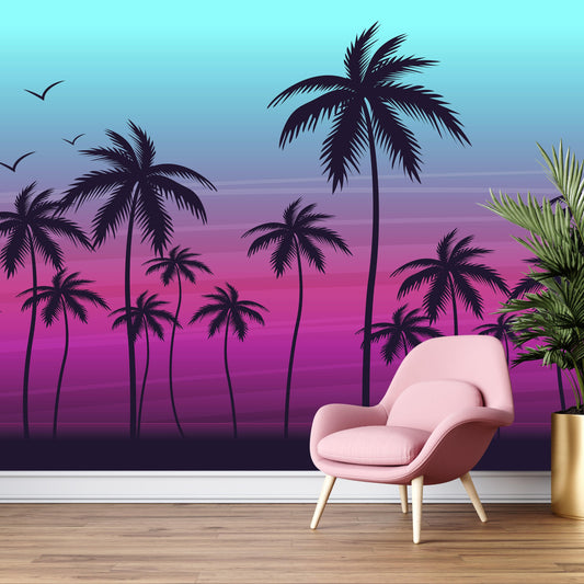 Miami Tropical Palm Tree Illustration Vice Color Sunset Wall Mural. Bright Miami Vice Blue and Fuchsia Colors. #6331