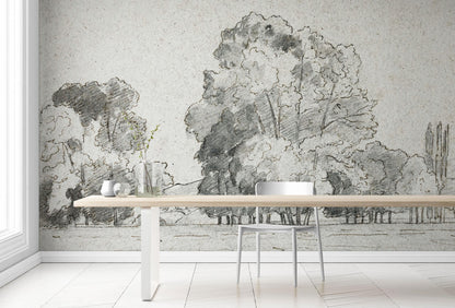 Forest Trees Wallpaper Peel and Stick Mural, Grove of Trees Drawing by Camille Pissarro. #6344