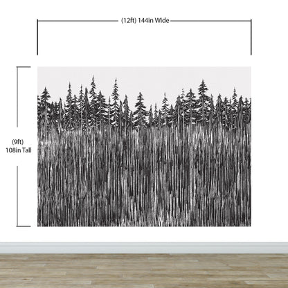 Forest Trees Trunks Grunge Illustration Wall Mural. Peel and Stick Wallpaper. Abstract Lines Silhouette Outdoors Scenery. #6345