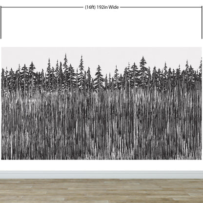 Forest Trees Trunks Grunge Illustration Wall Mural. Peel and Stick Wallpaper. Abstract Lines Silhouette Outdoors Scenery. #6345