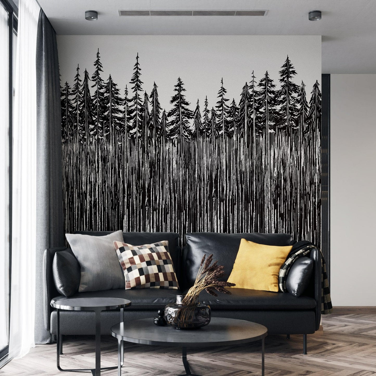 Forest Trees Trunks Grunge Illustration Wall Mural. Peel and Stick Wallpaper. Abstract Lines Silhouette Outdoors Scenery. #6345