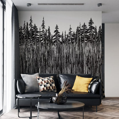 Forest Trees Trunks Grunge Illustration Wall Mural. Peel and Stick Wallpaper. Abstract Lines Silhouette Outdoors Scenery. #6345