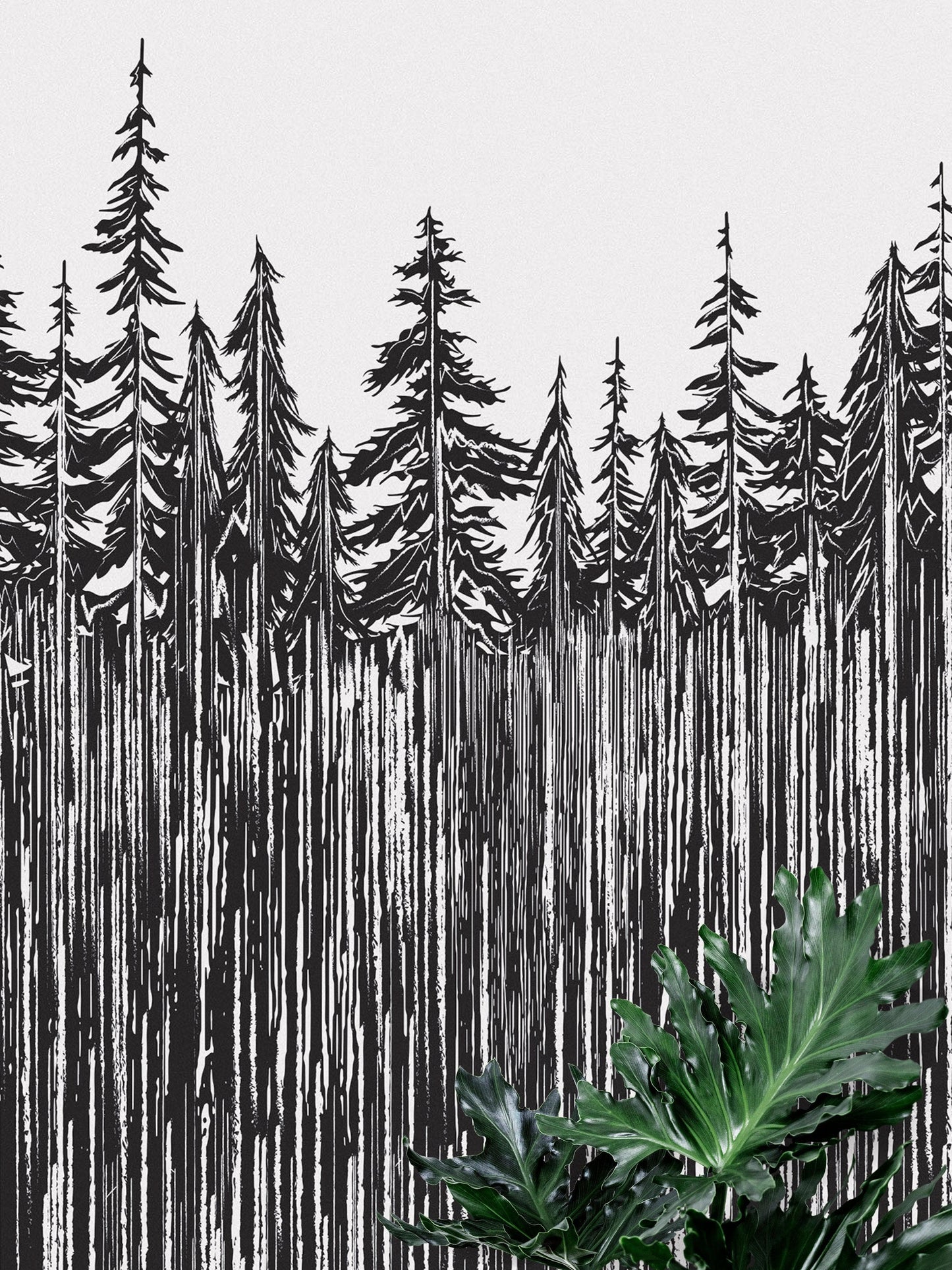 Forest Trees Trunks Grunge Illustration Wall Mural. Peel and Stick Wallpaper. Abstract Lines Silhouette Outdoors Scenery. #6345