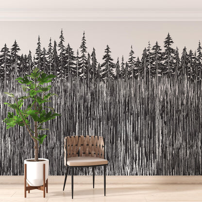 Forest Trees Trunks Grunge Illustration Wall Mural. Peel and Stick Wallpaper. Abstract Lines Silhouette Outdoors Scenery. #6345