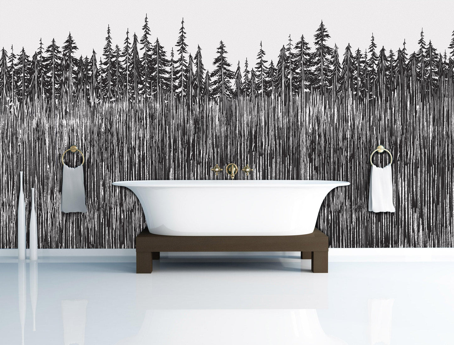 Forest Trees Trunks Grunge Illustration Wall Mural. Peel and Stick Wallpaper. Abstract Lines Silhouette Outdoors Scenery. #6345