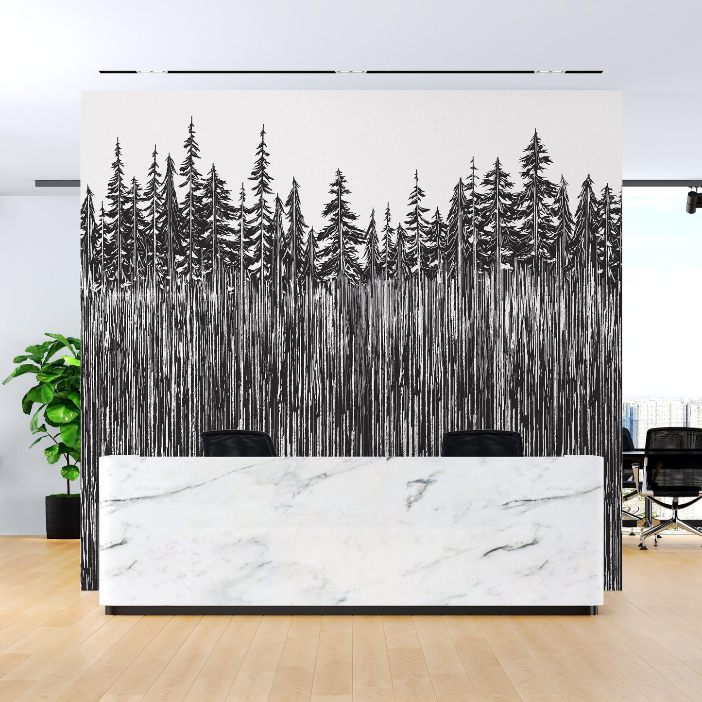 Forest Trees Trunks Grunge Illustration Wall Mural. Peel and Stick Wallpaper. Abstract Lines Silhouette Outdoors Scenery. #6345