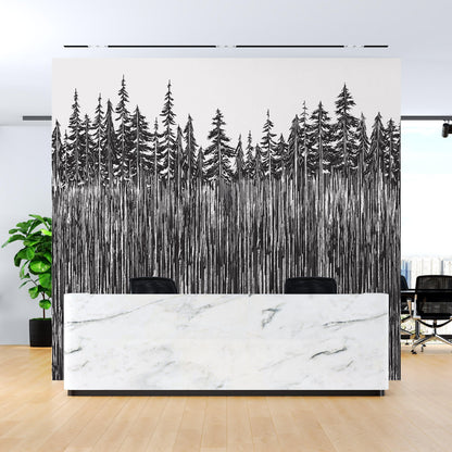 Forest Trees Trunks Grunge Illustration Wall Mural. Peel and Stick Wallpaper. Abstract Lines Silhouette Outdoors Scenery. #6345