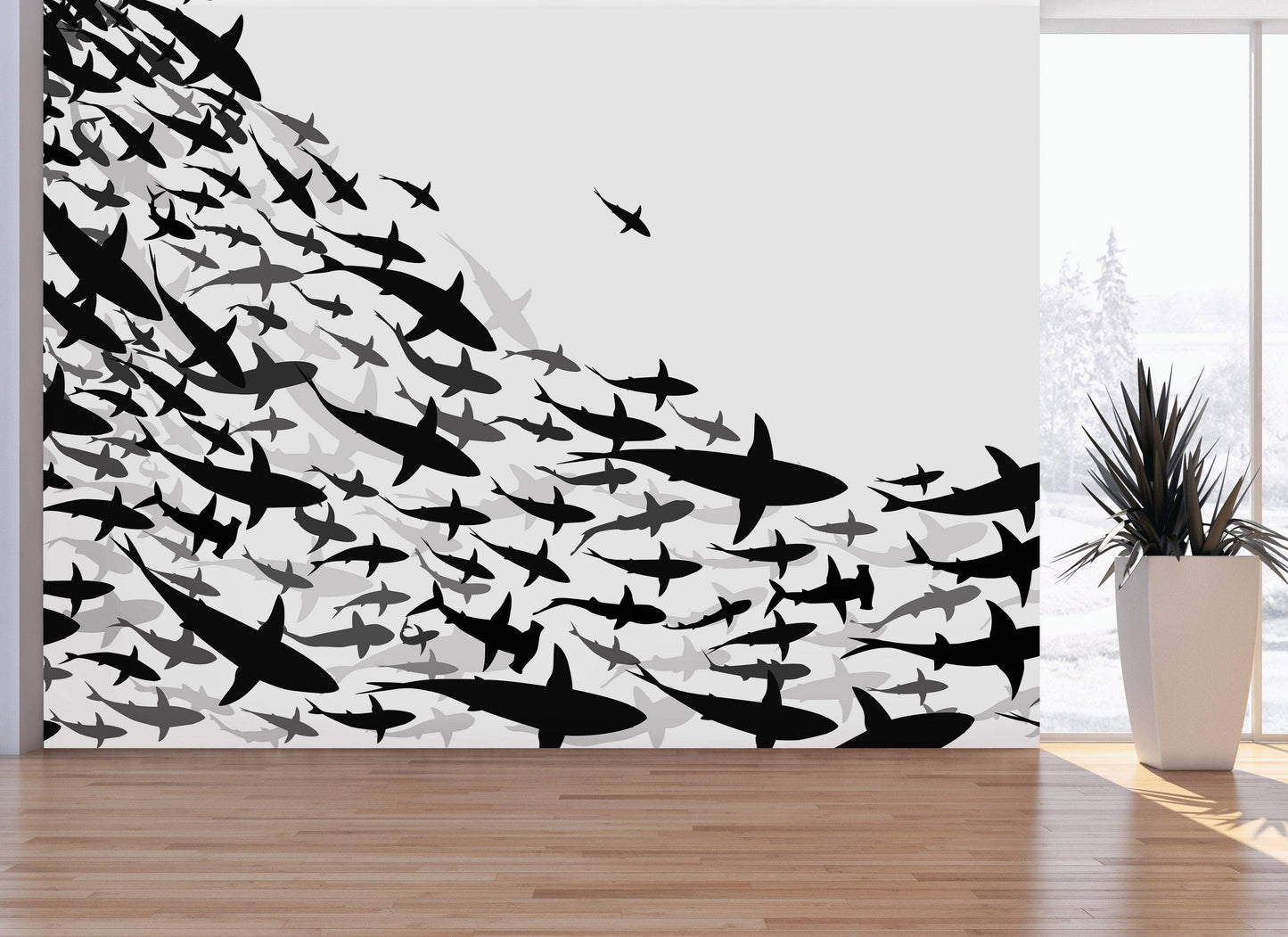 Shark Frenzy Underwater Wall Mural. Peel and Stick Wallpaper. Black and White Shark Silhouettes  #6347