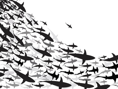 Shark Frenzy Underwater Wall Mural. Peel and Stick Wallpaper. Black and White Shark Silhouettes  #6347