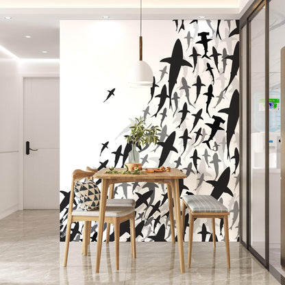 Shark Frenzy Underwater Wall Mural. Peel and Stick Wallpaper. Black and White Shark Silhouettes  #6347