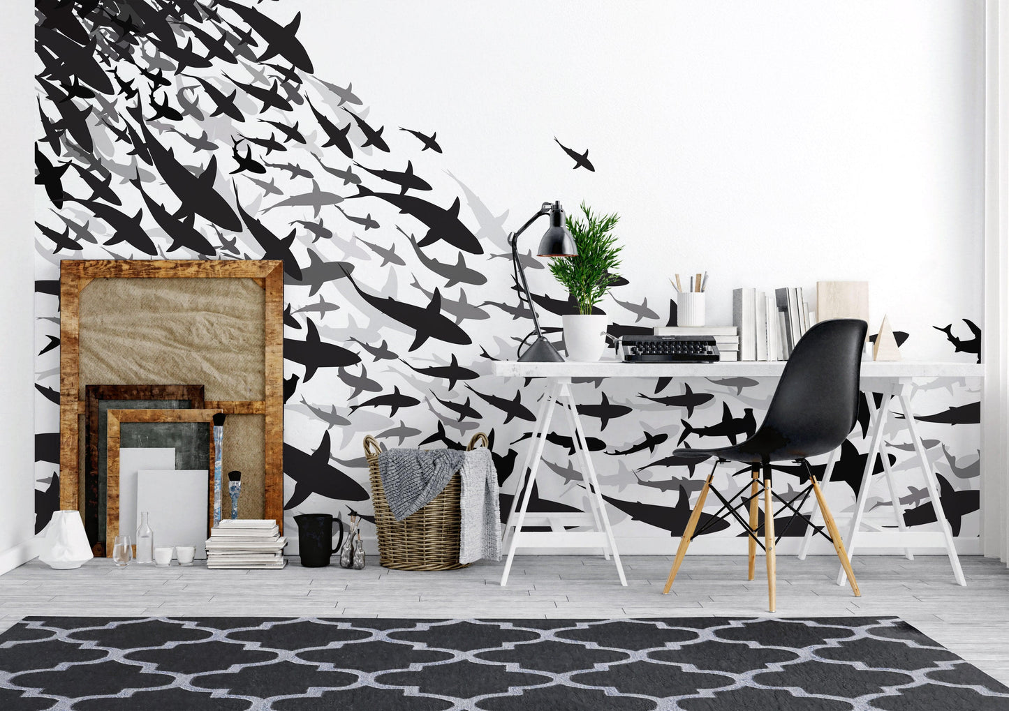 Shark Frenzy Underwater Wall Mural. Peel and Stick Wallpaper. Black and White Shark Silhouettes  #6347
