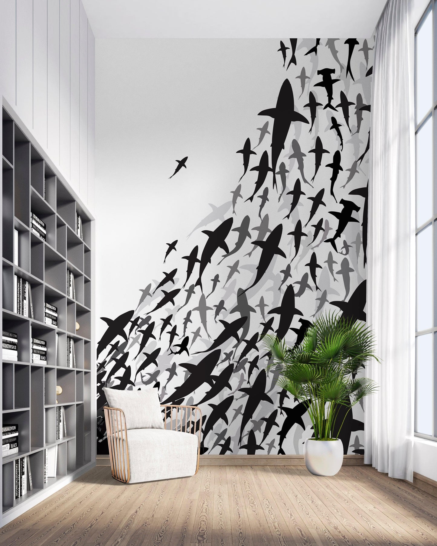 Shark Frenzy Underwater Wall Mural. Peel and Stick Wallpaper. Black and White Shark Silhouettes  #6347