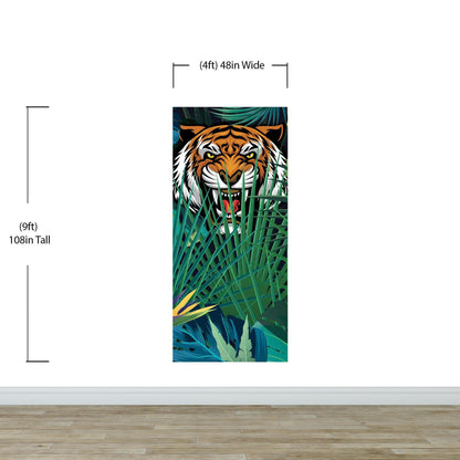 Hidden Tiger Behind Jungle Leaves Wall Mural. Peel and Stick Wallpaper. Safari Wildlife Illustration. #6351