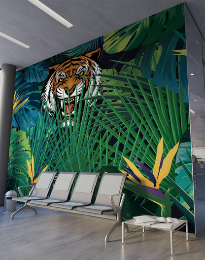 Hidden Tiger Behind Jungle Leaves Wall Mural. Peel and Stick Wallpaper. Safari Wildlife Illustration. #6351