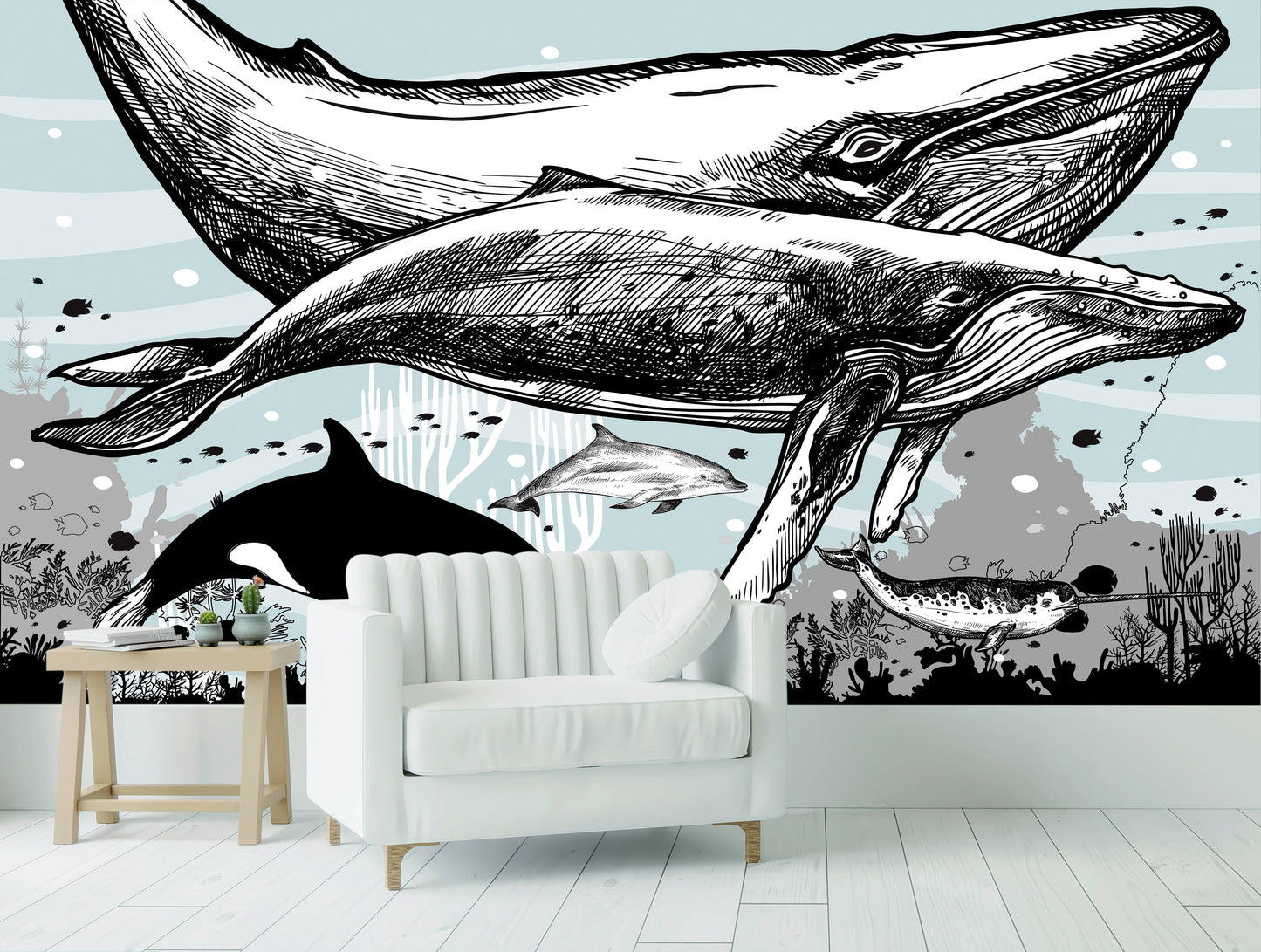 Whale, Dolphin, Killer Whale Wall Mural. Underwater Sea Life Drawing Design. Peel and Stick Wall Mural. #6354