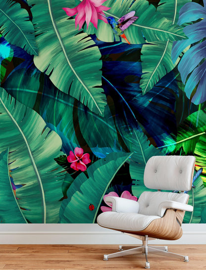 Rainforest Jungle Tropical Wallpaper. Green Flowers and Palm Tree Leaves Design. #6357
