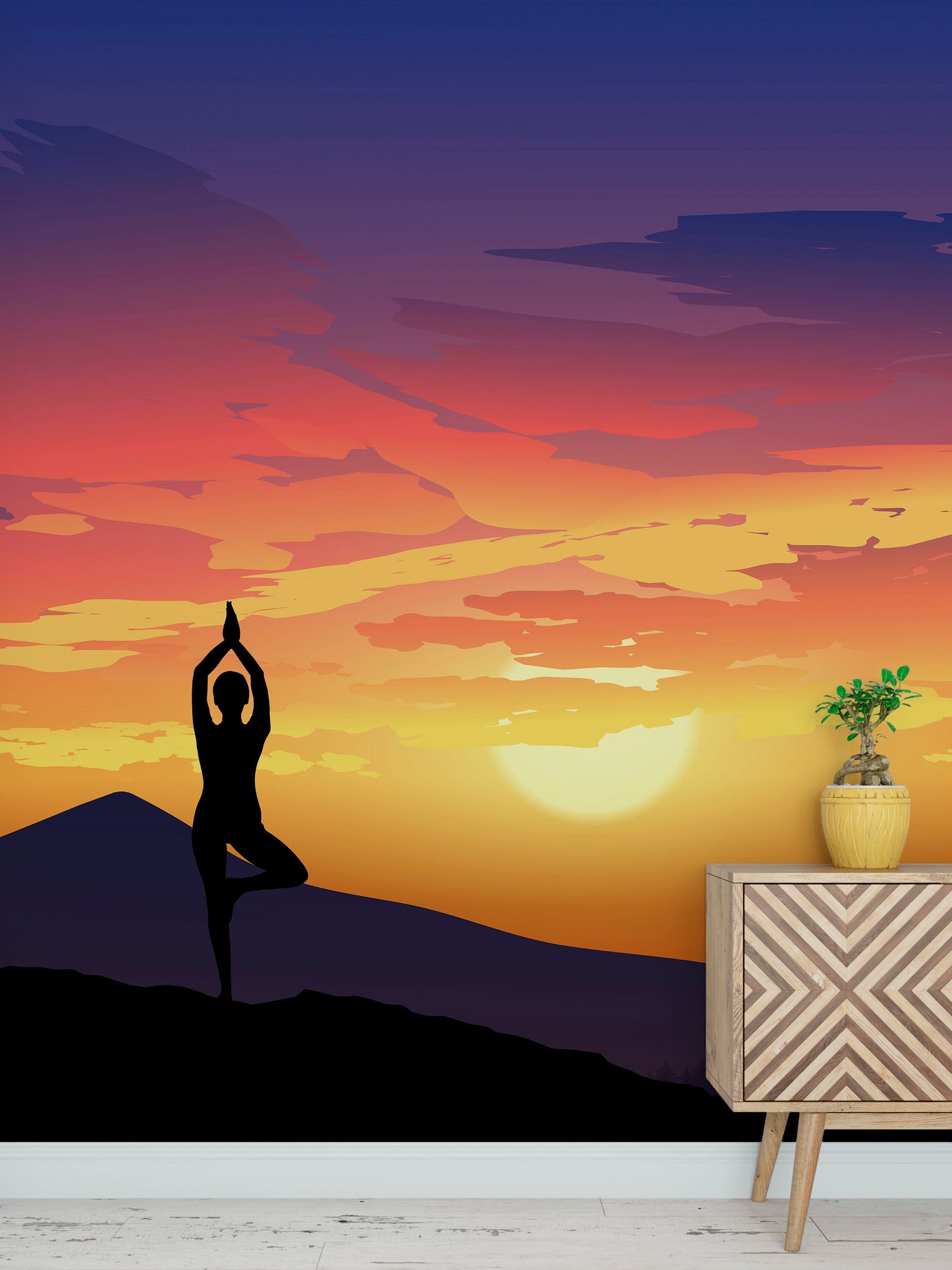 Yoga Meditating On Top of Mountain View Wall Mural. Calm Sunrise Design Peel and Stick Wallpaper. #6364