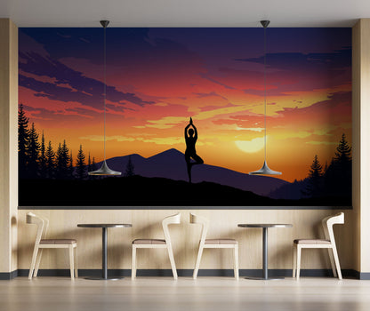Yoga Meditating On Top of Mountain View Wall Mural. Calm Sunrise Design Peel and Stick Wallpaper. #6364