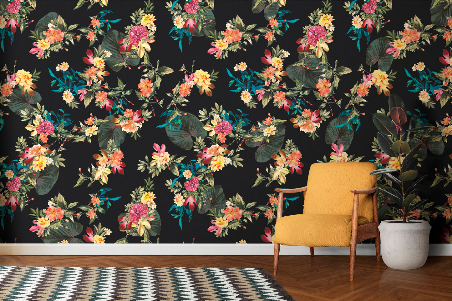 Tropical Flower Wall Mural. Paradise Botanical Flowers and Leave Black Background. #6372