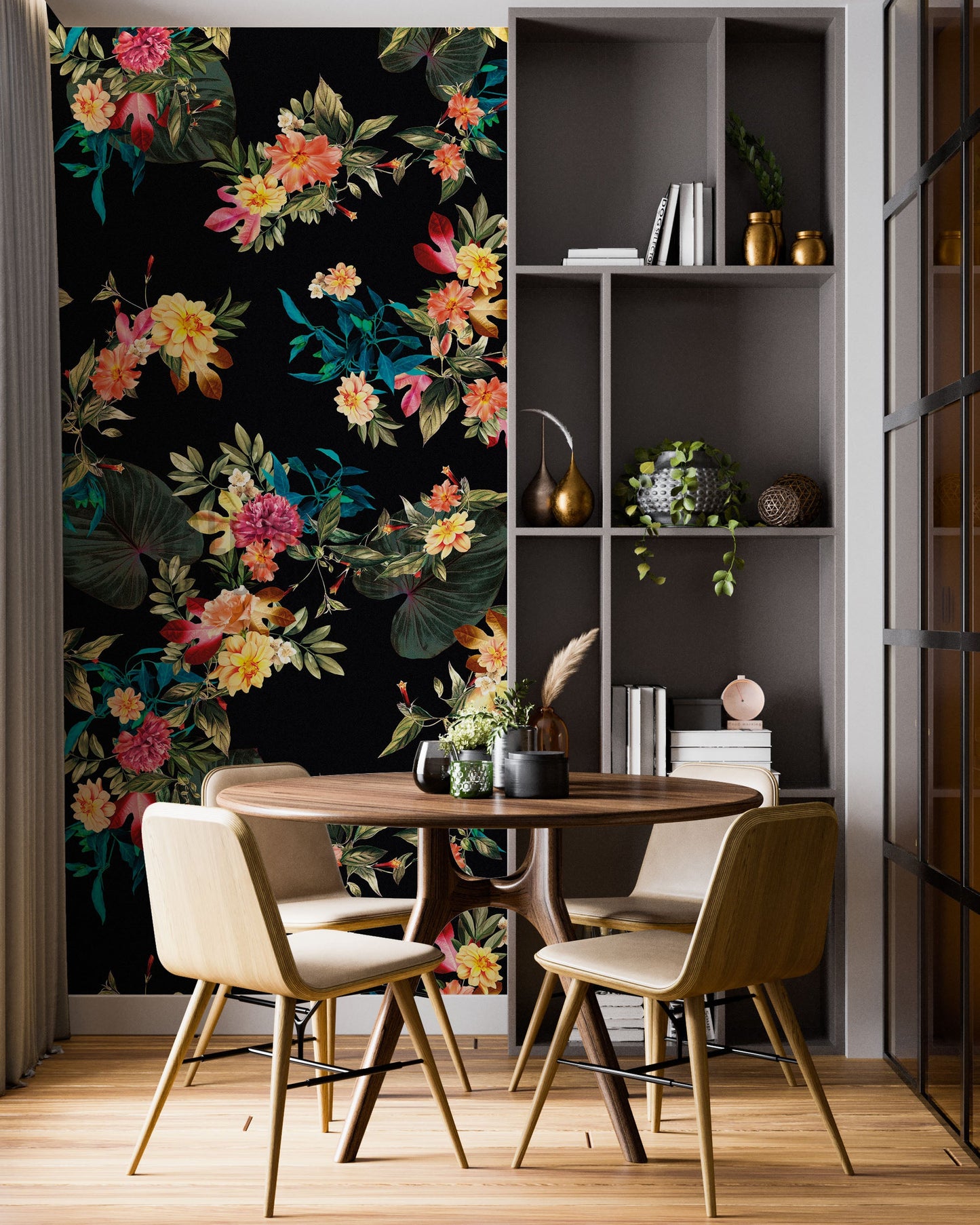 Tropical Flower Wall Mural. Paradise Botanical Flowers and Leave Black Background. #6372