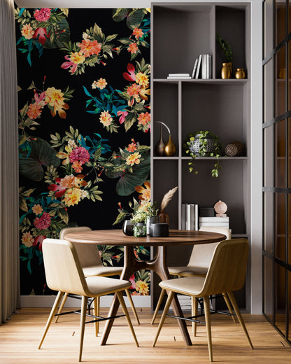 Tropical Flower Wall Mural. Paradise Botanical Flowers and Leave Black Background. #6372