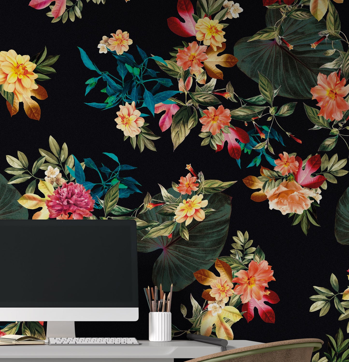 Tropical Flower Wall Mural. Paradise Botanical Flowers and Leave Black Background. #6372