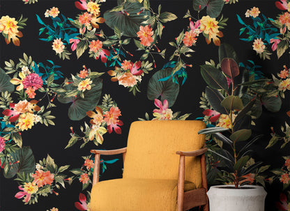 Tropical Flower Wall Mural. Paradise Botanical Flowers and Leave Black Background. #6372