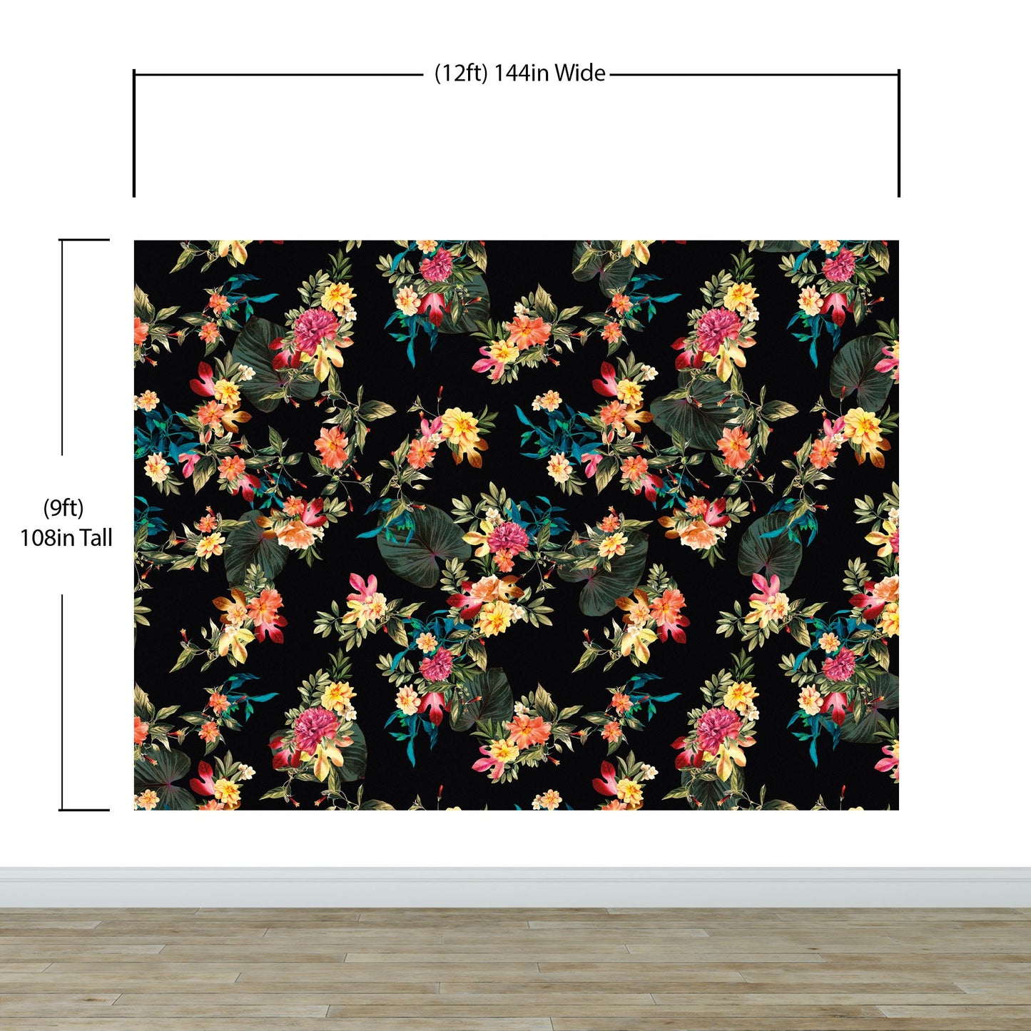 Tropical Flower Wall Mural. Paradise Botanical Flowers and Leave Black Background. #6372