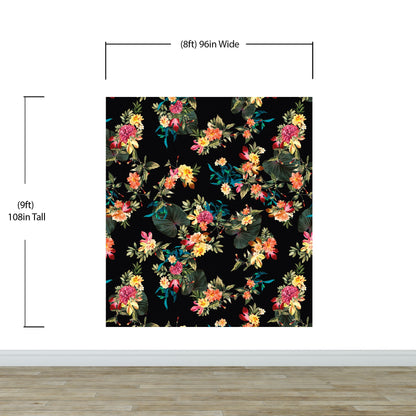 Tropical Flower Wall Mural. Paradise Botanical Flowers and Leave Black Background. #6372