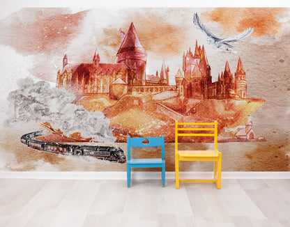 Wizardly World Wall Mural. Fantasy Theme with Castle / Train / Owl Peel and Stick Wallpaper. #6373