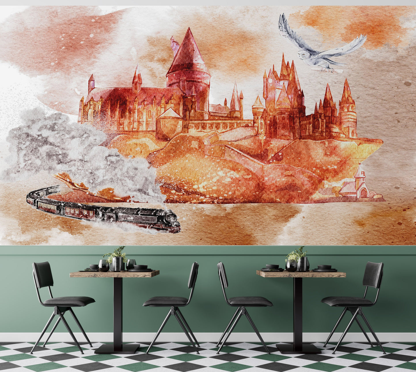 Wizardly World Wall Mural. Fantasy Theme with Castle / Train / Owl Peel and Stick Wallpaper. #6373