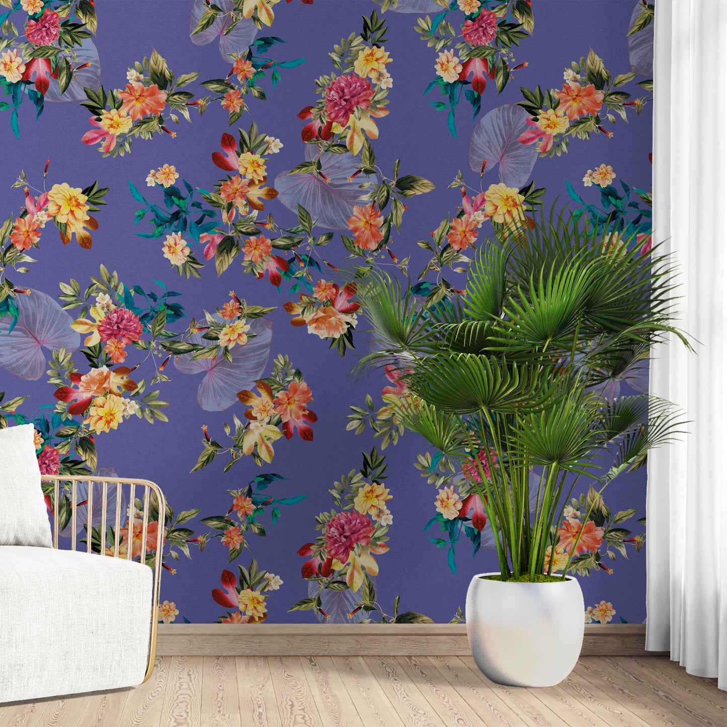 Tropical Flower Wall Mural. Paradise Botanical Flowers and Leave Purple Very Peri Color Background. #6376