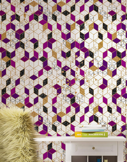 Abstract 3D Cube Shape Wall Mural. Geometric Cube Minimalistic Purple and Gold Peel and Stick Wallpaper. #6380