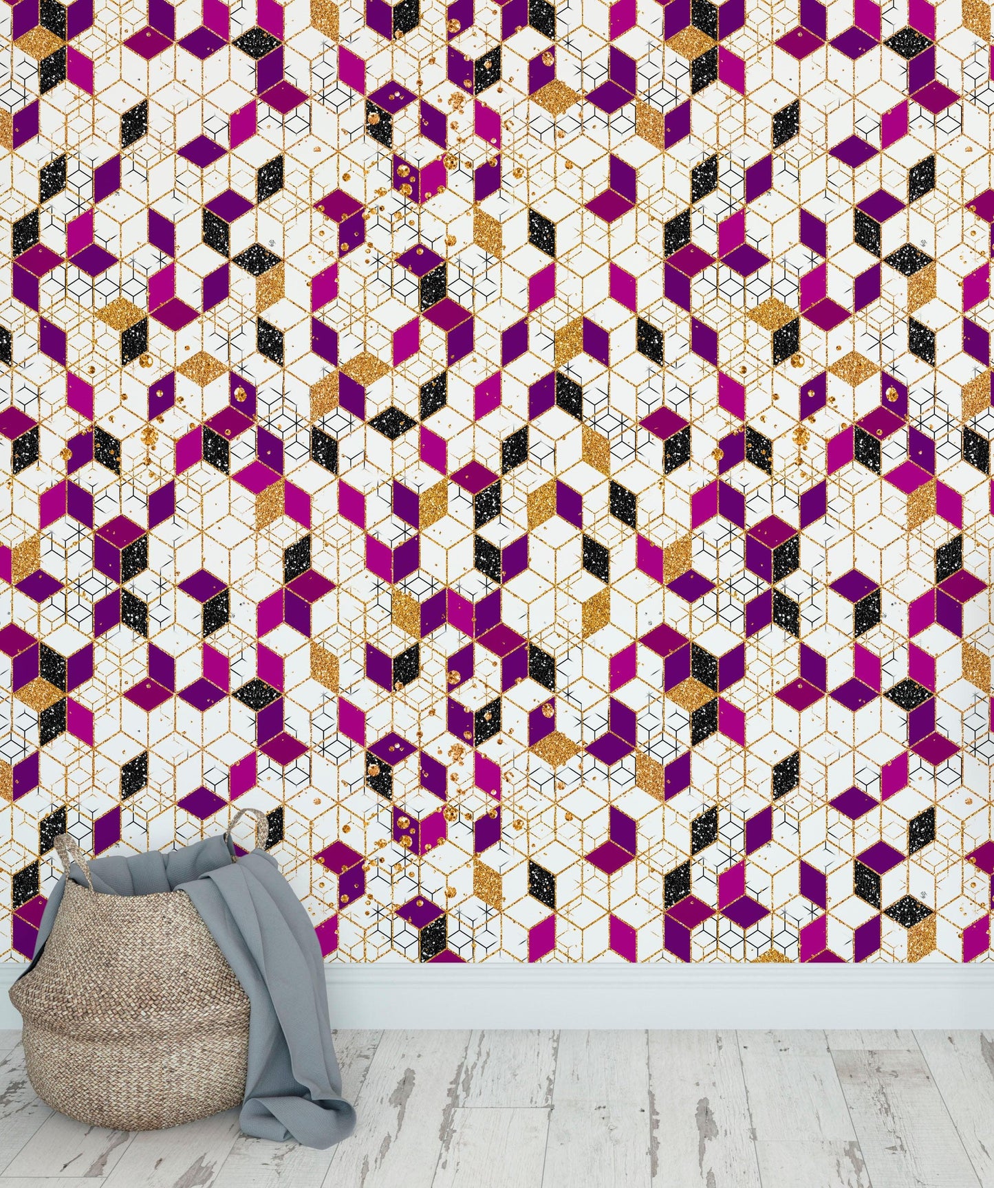 Abstract 3D Cube Shape Wall Mural. Geometric Cube Minimalistic Purple and Gold Peel and Stick Wallpaper. #6380