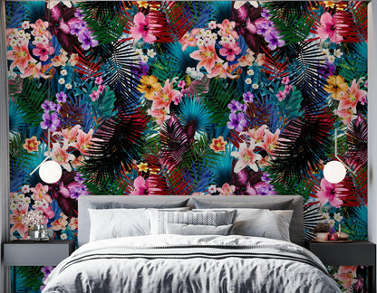 Colorful Tropical Foliage Pattern Wall Mural. Peel and Stick Wallpaper. #6382