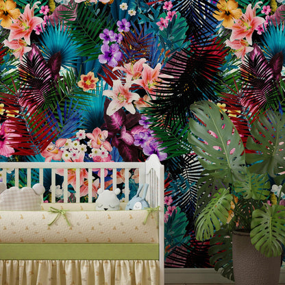 Colorful Tropical Foliage Pattern Wall Mural. Peel and Stick Wallpaper. #6382