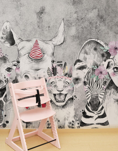 Safari Baby Animals Wall Mural. Baby Elephant, Giraffe, Rhino, Lion and Zebra Peel and Stick Wallpaper. #6383