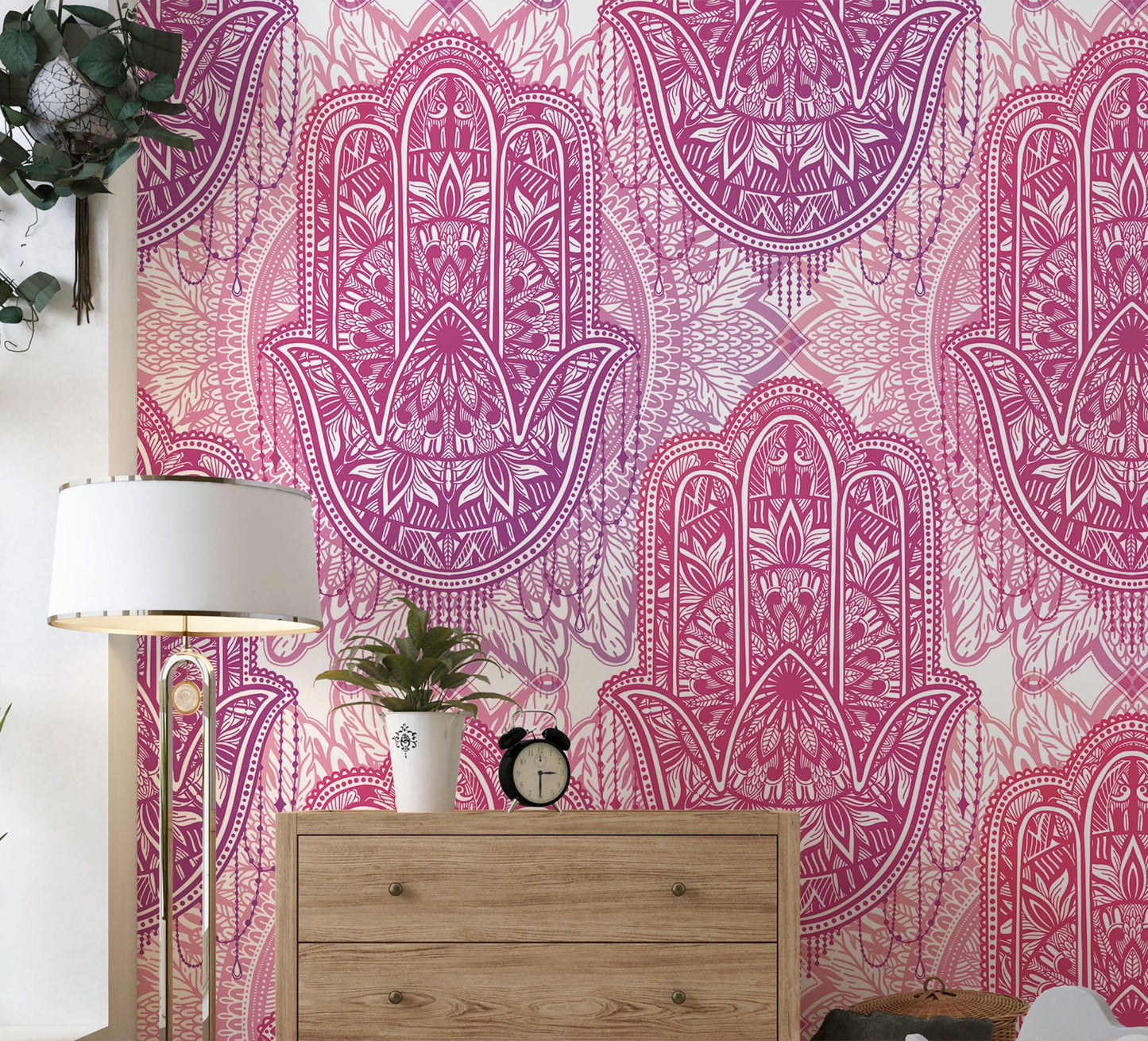 Large Floral Mandala Wall Art Wallpaper. Pink and Purple Ornament Design Peel and Stick Wall Mural. #6384