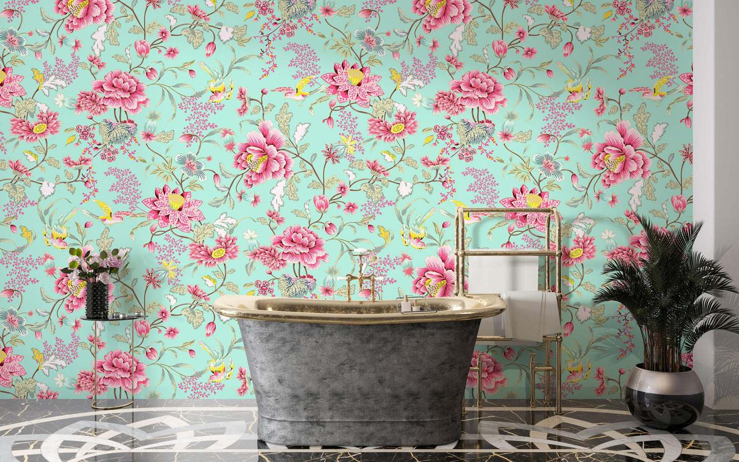 Mint Color Flower Pattern Wall Mural. Tropical Botanical Floral Peel and Stick Wallpaper. #6387