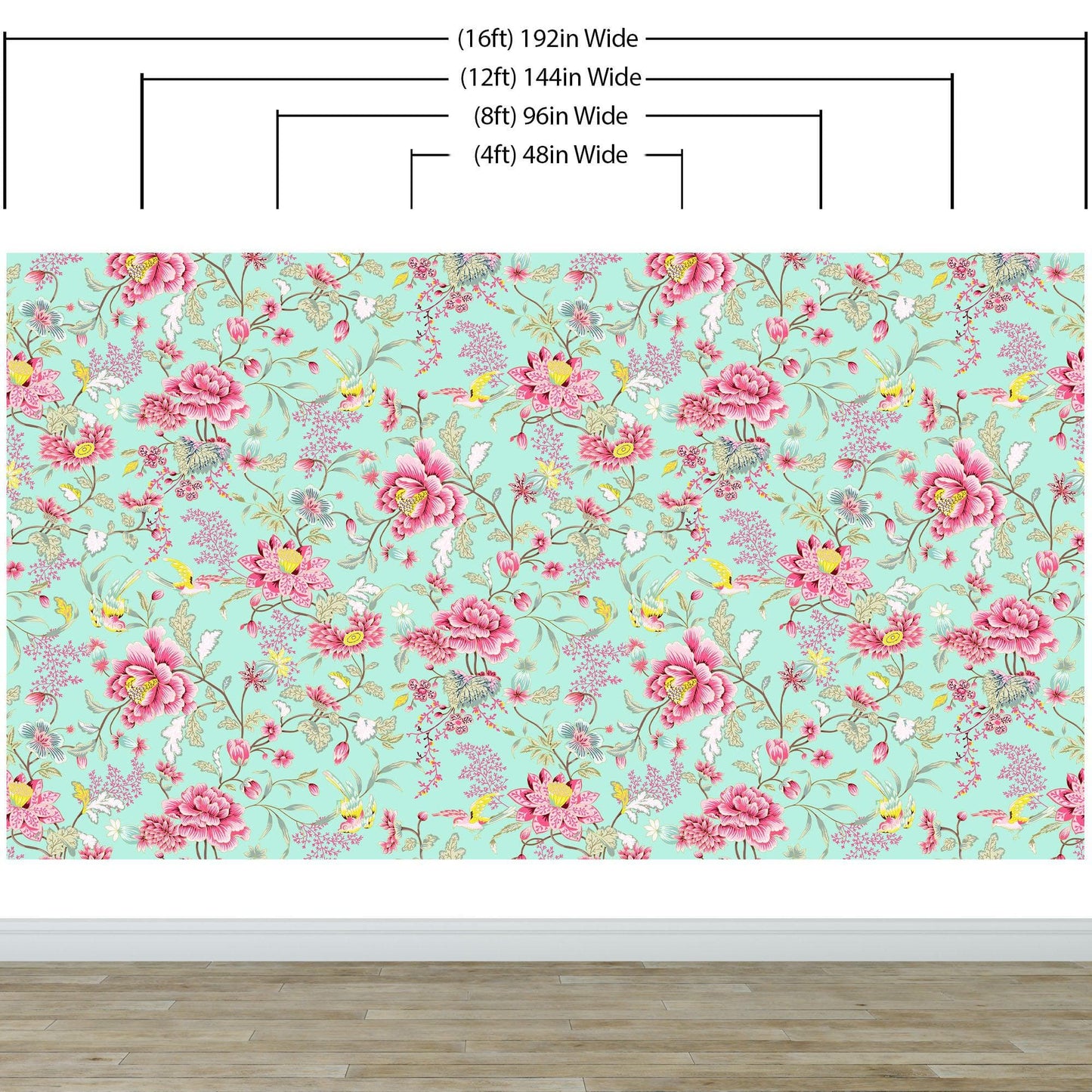 Mint Color Flower Pattern Wall Mural. Tropical Botanical Floral Peel and Stick Wallpaper. #6387