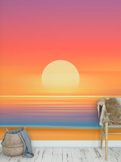 Orange Sunset Over Beach Wall Mural. Blurred Abstract Sunset Over Coastline. #6393