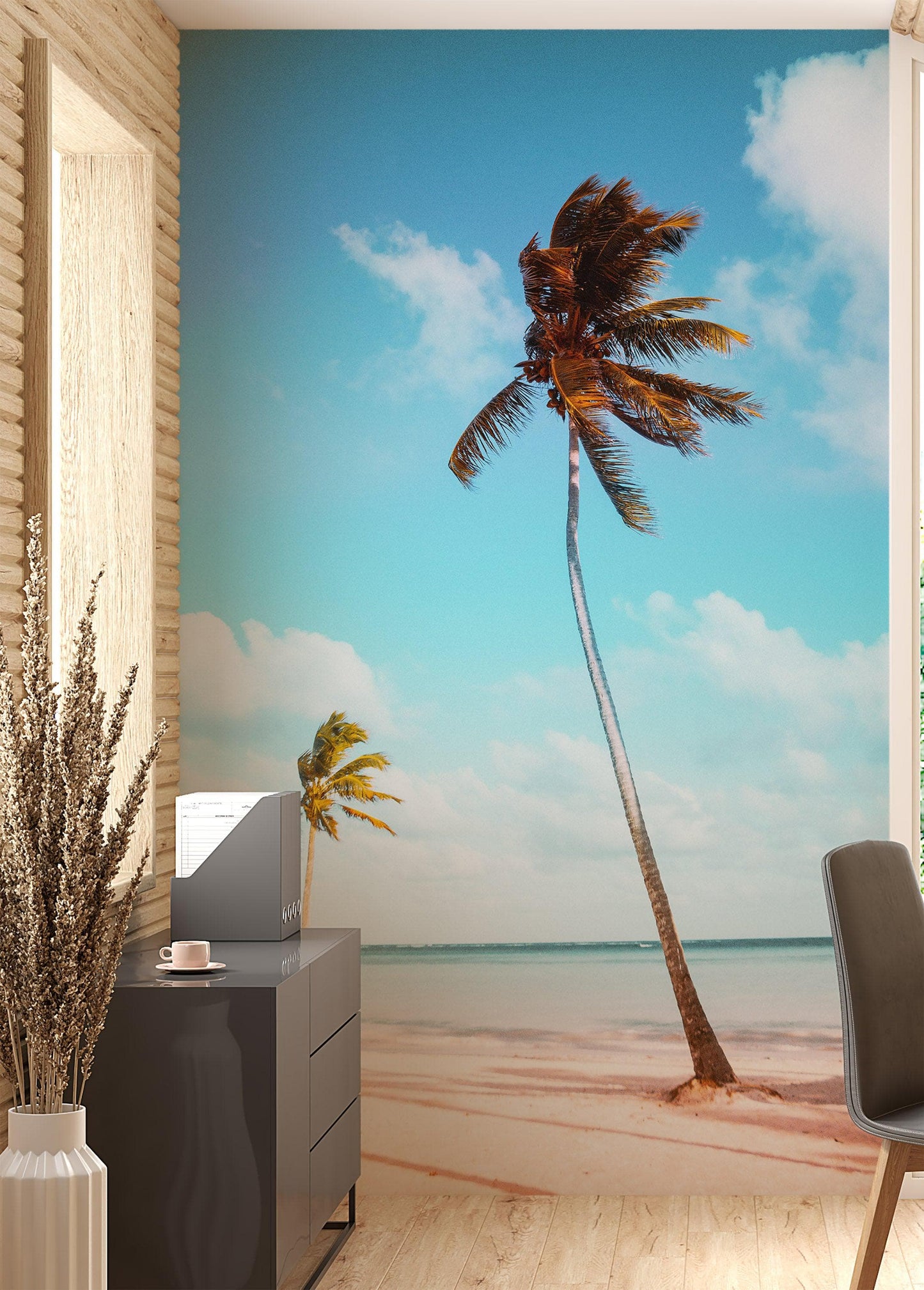 Palm Tree on Beach Coastline Wall Mural. Tropical Theme Peel and Stick Wallpaper Decor. #6401